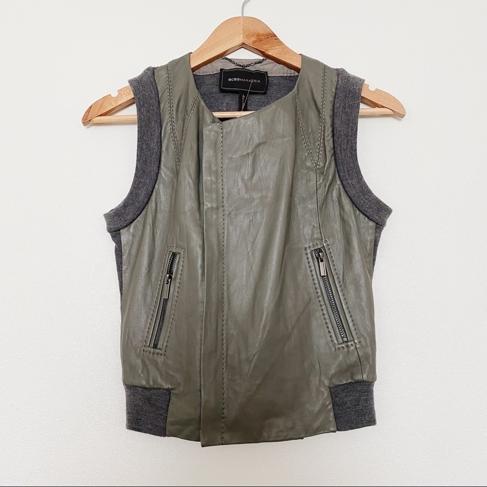 BCBGMaxAzria Leather Wool Vest Zip Up Olive Green Minimalist Quiet Luxury Size S - Picture 3 of 10